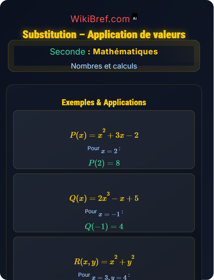 Substitution – Application de valeurs Calcul littéral