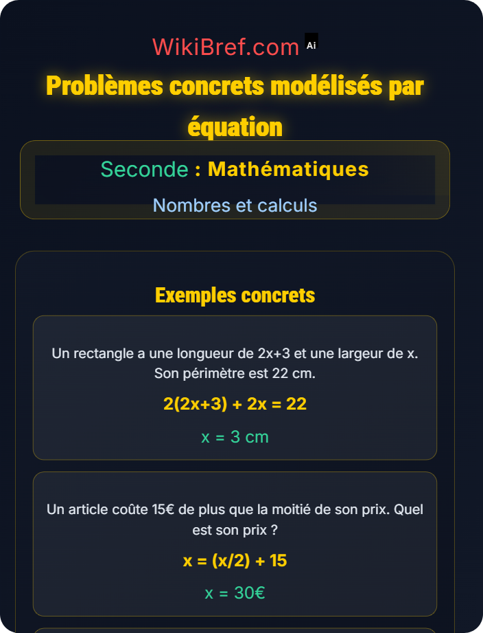 Problèmes concrets modélisés par équation Équations du premier degré