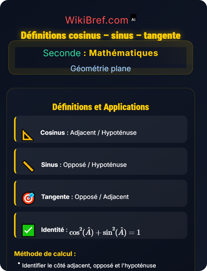 Définitions cosinus – sinus – tangente Trigonométrie dans le triangle rectangle