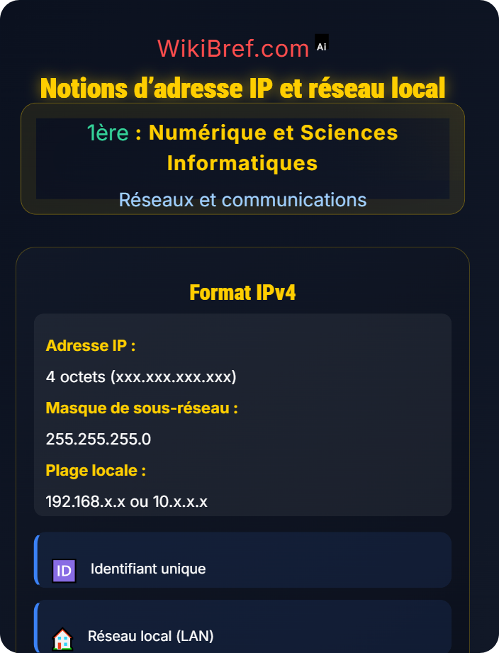 Notions d’adresse IP et réseau local Principes des réseaux