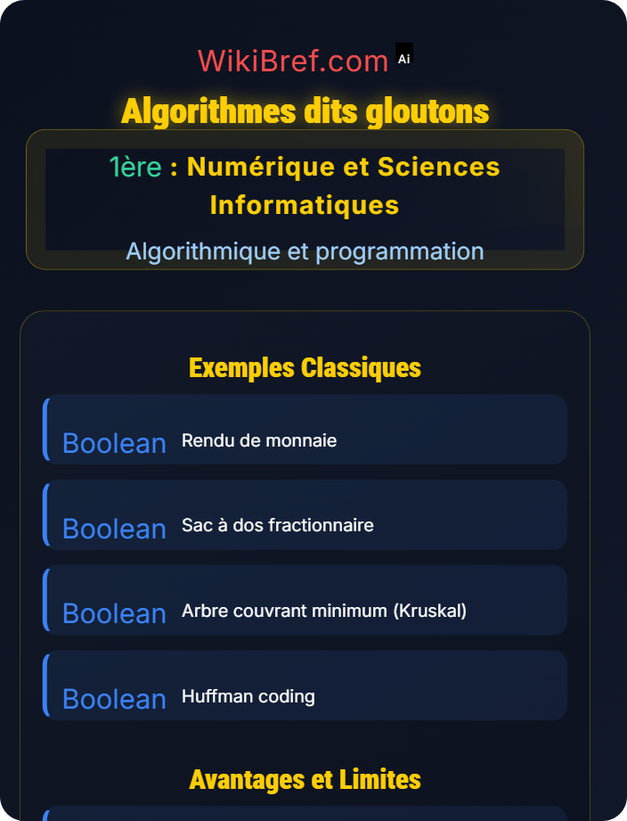 Algorithmes dits gloutons Algorithmes classiques