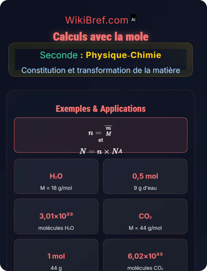 Calculs avec la mole Quantité de matière et mole