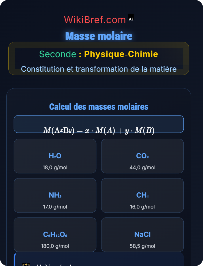 Masse molaire Quantité de matière et mole