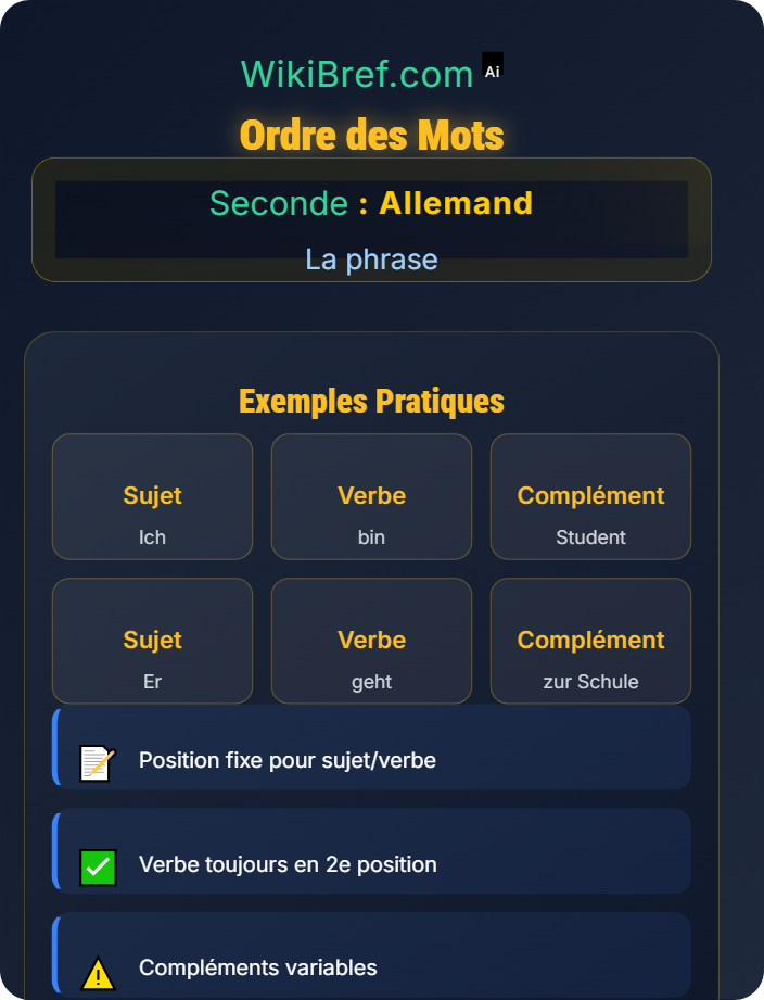 Ordre des mots : Sujet, Verbe, Compléments Syntaxe de la phrase déclarative