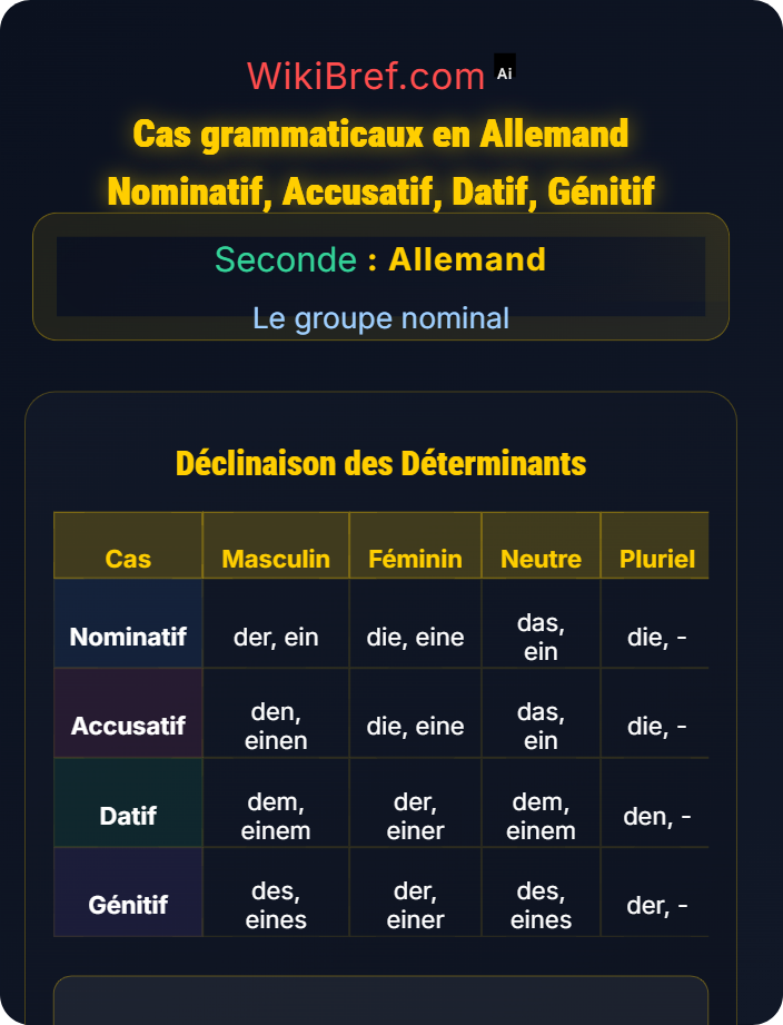 Cas nominatif, accusatif, datif et génitif Déclinaisons des noms, adjectifs et déterminants