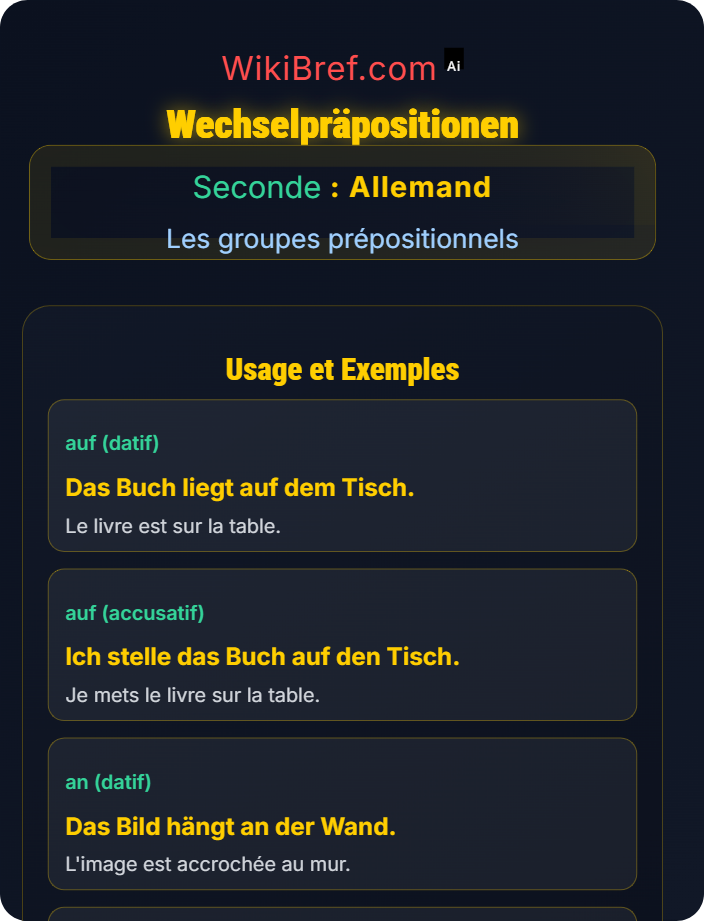 Prépositions mixtes (Wechselpräpositionen) Prépositions avec accusatif et datif